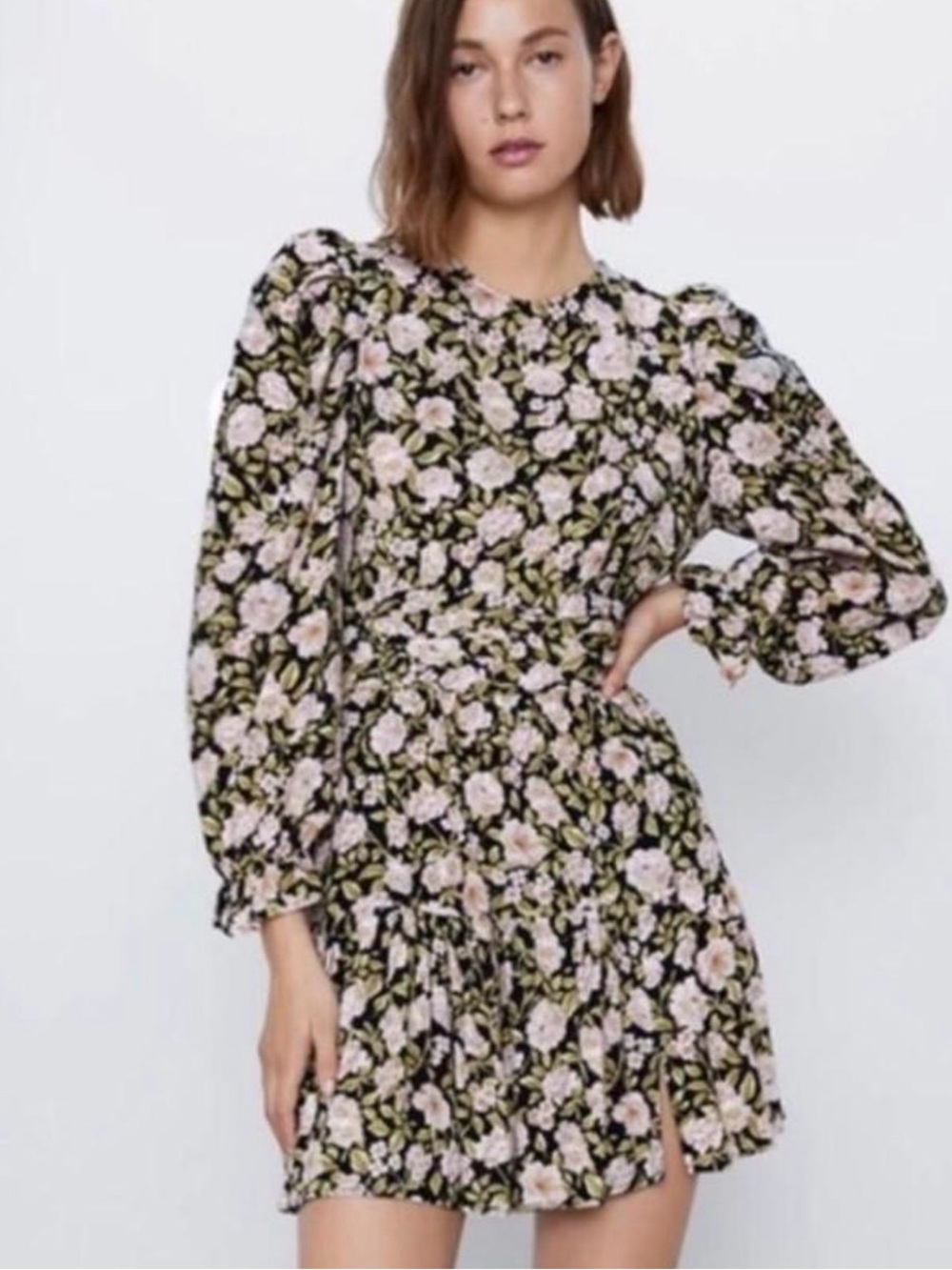 Zara Black Long Sleeve Floral Tiered Dress with Cream Roses